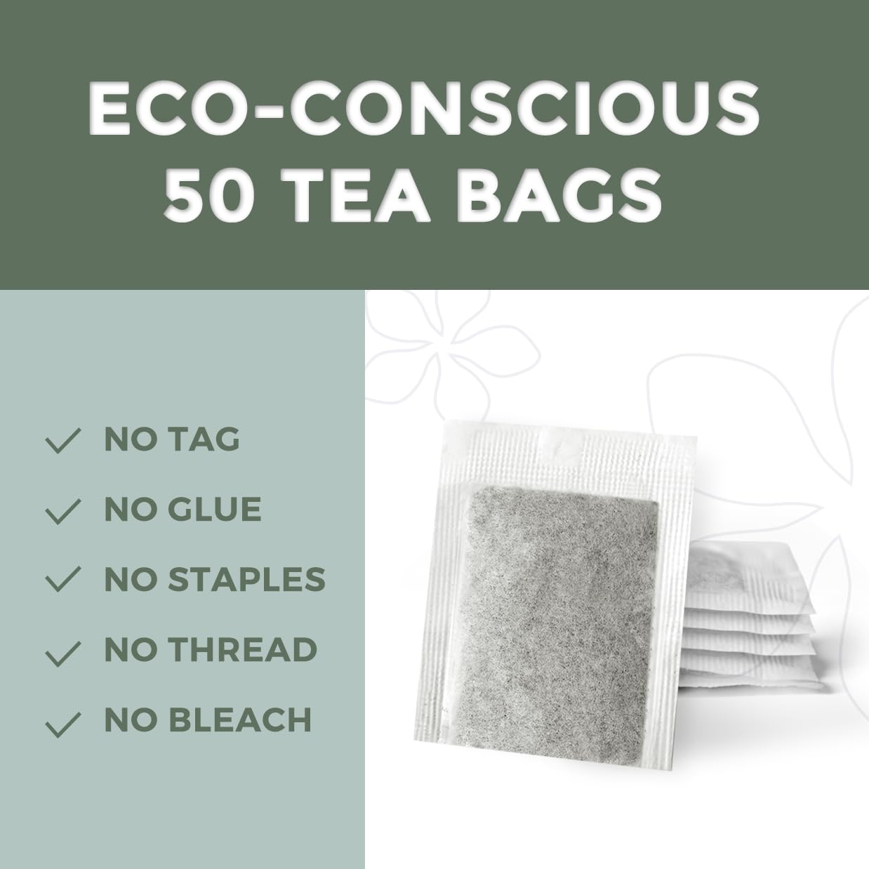 Fescha Organic Decaf Jasmine Green Tea Bags Flower-scented Tea (50-count), Eco-Conscious Tea Bags, Packed by Resealable Kraft Bag