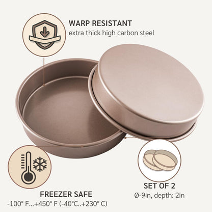 Non Toxic Nonstick 9 inch Round Cake Pans Set of 2 | Quality Non Stick 9 inches Layer Circle Cake Pan 2 inches Deep | Best 9in Baking Pan PFOA, BPA free Nontoxic | 9inch 9inches Cake Pans Set