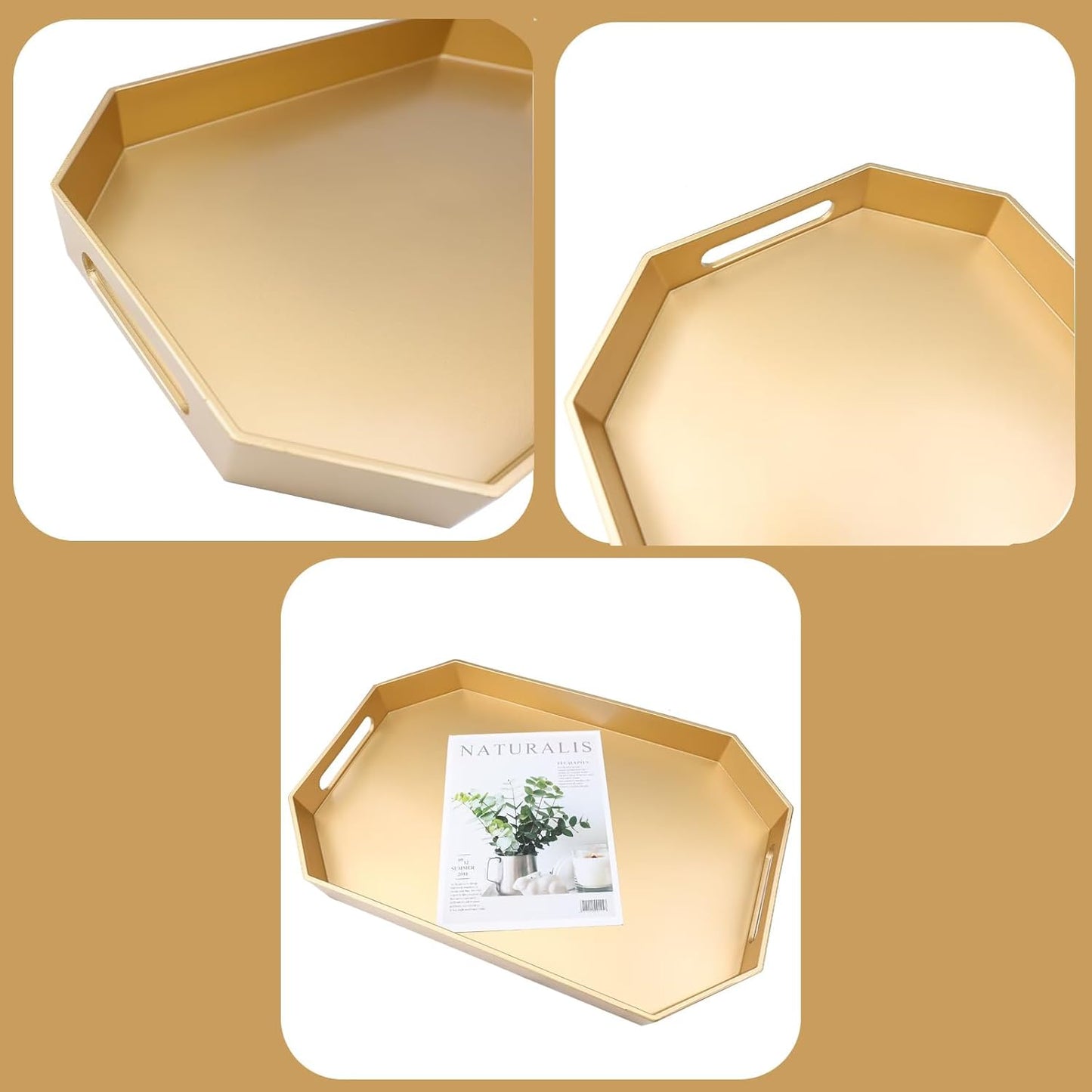 Gold Decorative Tray with Handles, Versatile Serving Tray for Coffee Table, Ottoman, Ideal for Serving, Displaying, Organizing, 15.7"*10.2"*1.57"