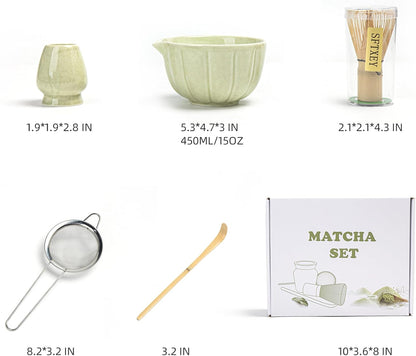 Matcha Whisk Set, Matcha Bowl with Spout, Matcha Whisk, Chasen Holder, Sifter, Bamboo Scoop - 5 Pcs Perfect Matcha Making Kit for Matcha Lover and Tea Ceremony (Speckled Green)