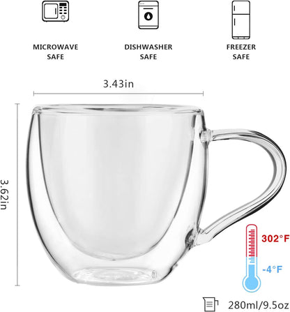 CNGLASS Double Wall Glass Coffee Mugs with Handle,10oz Clear Insulated Glass Espresso Cups for Hot and Cold Beverages,Latte,Cappuccino,Set of 2