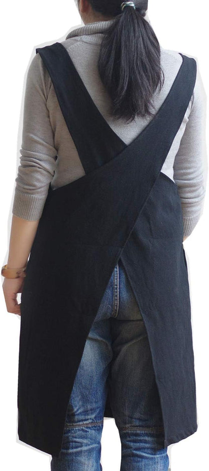 Cotton Linen Japanese Apron Halter Cross Back Bandage X Shape Aprons Two Pockets