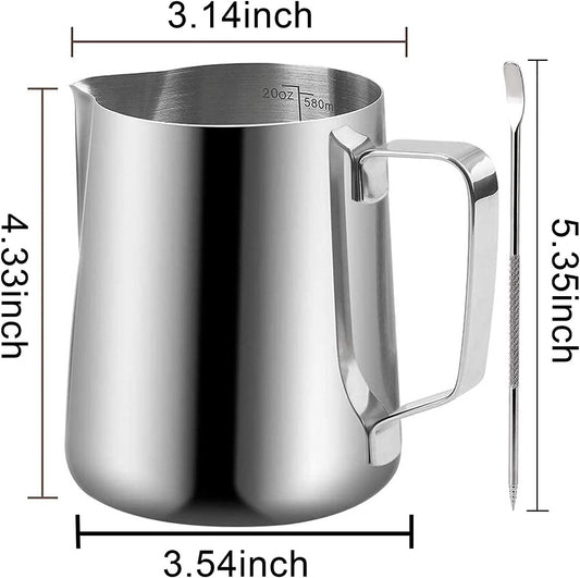 Milk Frothing Pitchers 20 oz, Stainless Steel Espresso Steaming Pitcher with Decorating Pen Coffee Milk Frother Cup with Scale Cappuccino Latte Art Barista Steam Pitchers Milk Frother Cup