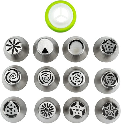 Restaurantware Pastry Tek Russian Piping Tips Set 23 Piece Durable Cake Decorating Kit - 12 Piping Tips 10 Piping Bags Stainless Steel Piping Bags And Tips Set 1 Tri-Color Coupler
