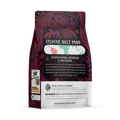 Bones Coffee Company Dragon's Lair, Smokey, Cacao and Caramelized Sugar Notes, Unflavored Coffee, Medium Roast Low Acid Arabica Beans Compatible with Auto drip and French Press Coffee Maker, 12 Oz Ground