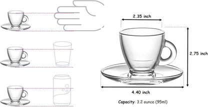 BOHEM'S Espresso Cups, 3.2 oz Small Demitasse Clear Glass Espresso Drinkware, Set Of Cups, Saucers and Stainless Steel mini Spoons + Free Glass Spoons (Set of 6)