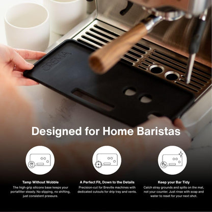 Crema Coffee Products Tamping Mat for Barista Express |Non-Slip Silicone Protection for Countertops & Portafilters|Precision Fit with Drip Tray & Vent Holes|Easy to Clean,Durable Espresso Tamping Pad