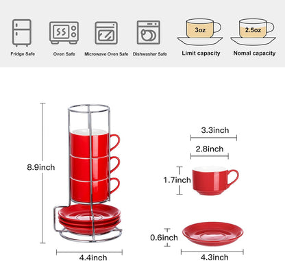 2.5 Ounce Porcelain Espresso Cups with Saucers and Silver Stand, Red Stackable Cups Set of 4