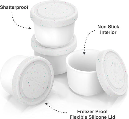 BALCI - 8oz Mini Ice Cream Containers with Silicone Lids (Set of 4) - Freezer Food Storage Containers, Reusable, LeakProof, For Homemade IceCream Containers - White with Sprinkles