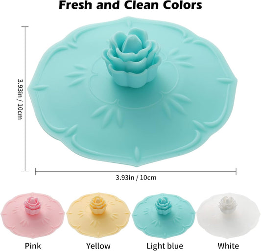 rose Silicone Cup Covers (Set of 4) ， Multicolored Silicone Lids for Mugs, Cups, Tea Pots,Flexible Mug Covers，Hot Cup Lids for Coffee & Tea