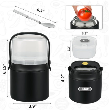 2 - in - 1 Soup Thermo for Hot Food 14oz with Snack Box Container Leak Proof Insulated Lunch Container Kids and Adults Stainless Steel Double Wall Vacuum Wide-mouth Thermal with Spoon and Handle