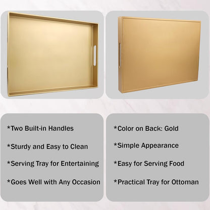 Gold Serving Tray for Coffee Table, Rectangular Plastic Decorative Tray with Handles for Entertaining, Outdoor Patio, Living Room, Ottoman, Bathroom Counter, 11.8”*15.7”*1.6”