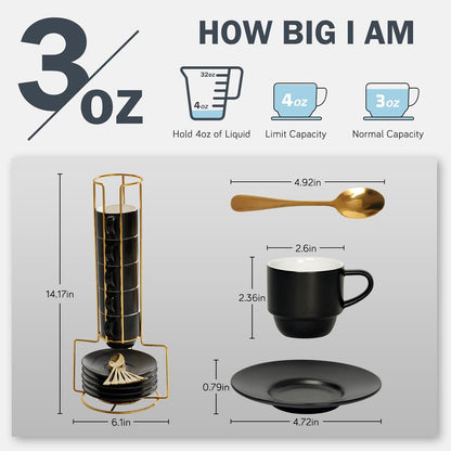 Lareina Porcelain 3-Ounce Espresso Cups Set of 6, Small Stackable Coffee Cups with Saucers, Spoons and Metal Stand - Ceramic Demitasse Mugs, Double Shots Expresso Cup, Matte Black