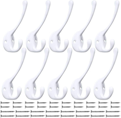 10 Pack Heavy Duty Dual Coat Hooks Wall Mounted with 20 Screws Retro Double Hooks Utility Black Hooks for Coat, Scarf, Bag, Towel, Key, Cap, Cup, Hat (White)