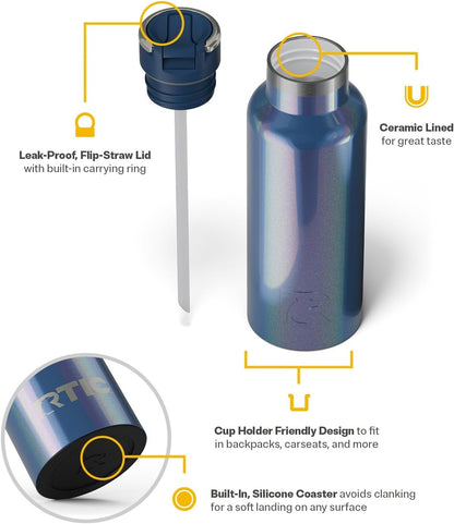 RTIC 16oz Journey Bottle Metal Stainless Steel Vacuum Insulated, BPA Free, Reusable, for Water, Hot and Cold Drinks, Travel, Sports, Camping, Pond Glitter