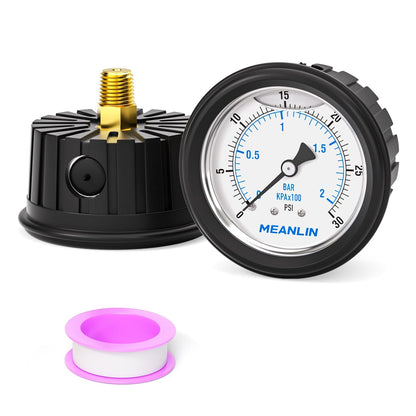 MEANLIN MEASURE 0~30Psi Stainless Steel Liquid Filled Pressure Gauge 1/4" NPT 2.5" FACE DIAL with Rubber Protective Sleeve, Center Back Mount