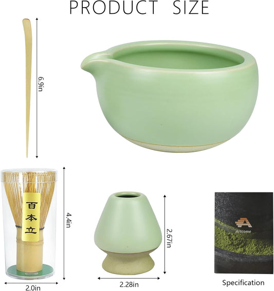 Artcome 4 Pcs Complete Matcha Ceremony Kit - Japanese Bowl With Pouring Spout, Whisk, Holder, Scoop - Tea Set for Making Usucha, Koicha and Latte (Green)