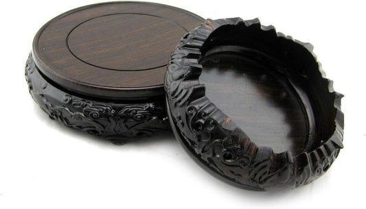 GOLDY&WENDY Oriental Luxury Round Bat Pattern Elm Solid Wood Vase Display Stands Pedestal Base 4.7 in Diameter