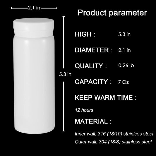 Mini Thermos Cute Water Bottle - 7 oz Tiny Insulated Vacuum 18/10 Stainless Steel Small Flask - Leak Proof & Spill Proof & Keeps Cold and Hot for Drink, Coffee, Tea - White