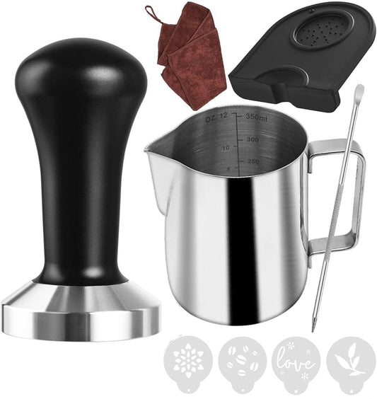 51 mm Coffee Tamper Set Coffee Press for Portafilter Machine Espresso Tamper with Tamper Mat, Frothing Pitcher (350ml/11.836oz), Barista Towel, Latte Art Pen and Decorative Stencils