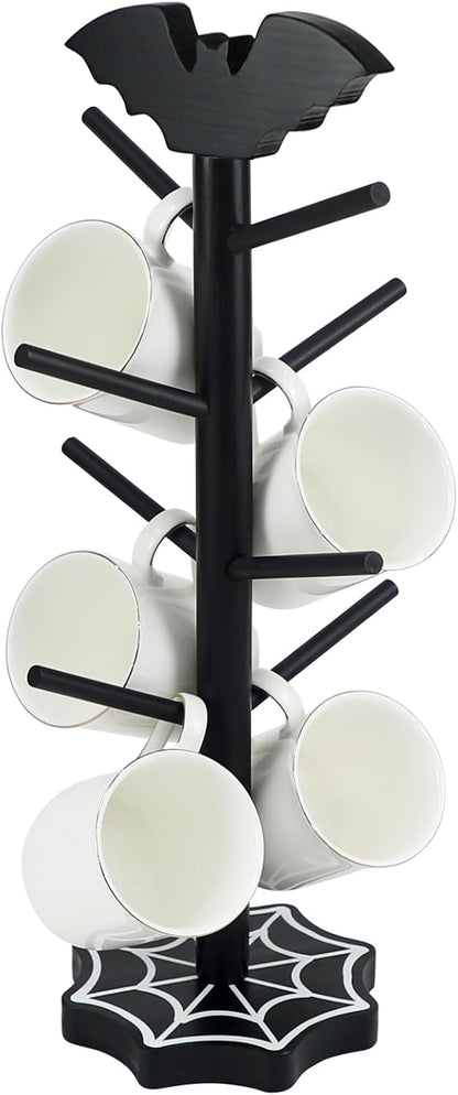 Bat Mug Holder Tree - 8 Hooks Coffee Mug Rack - Gothic Home Decor Wood Coffee Mug Tree for Countertop - Coffee Cup Holder for Halloween Kitchen Organizer & Coffee Bar Accessories (Spider Web)