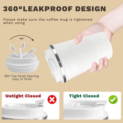 Vacuum-Insulated Stainless Steel Travel Coffee Mug, Leak-Proof Reusable Coffee Cup with Lid - Keep Hot & Cold Drinks for Hours, Durable Thermos Tumbler for Men & Women (3rd-White, 12OZ)