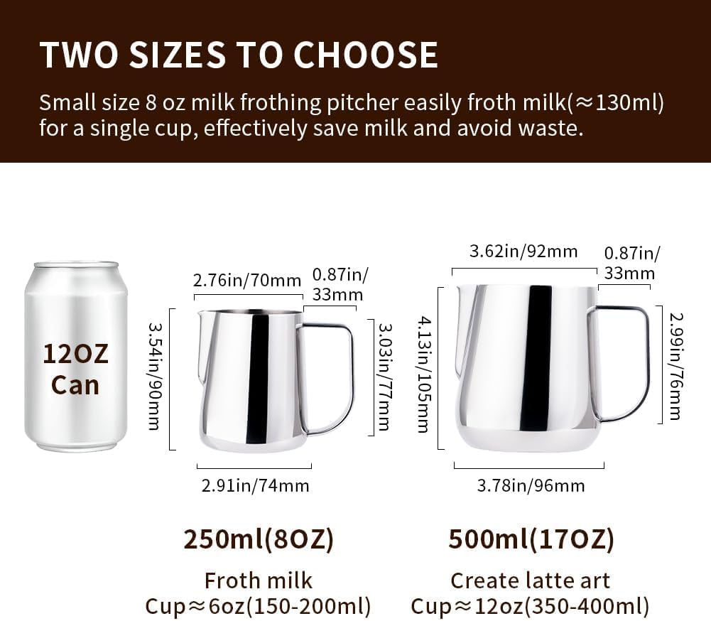 watchget Milk Frothing Pitcher 250ml/8oz Stainless Steel Espresso Steaming Pitcher Milk Coffee Cappuccino Latte Art Barista Steam Jug Espresso Frother Cup, Silver