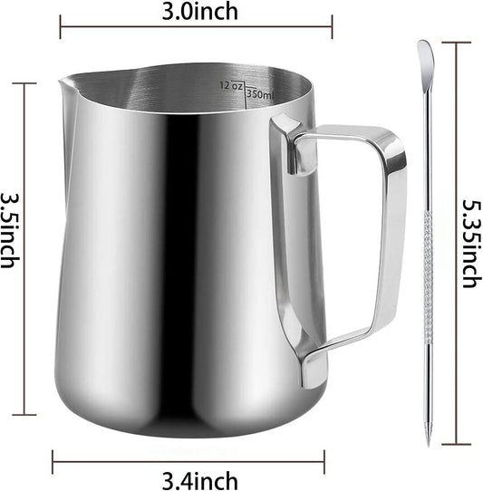 Milk Frothing Pitchers-12oz/350ML Stainless Steel Steaming Pitchers, Scale Coffee/Milk/Cappuccino/Latte Art Barista Steam Pitchers, Milk Jug Cup with Decorating Pen-Silver