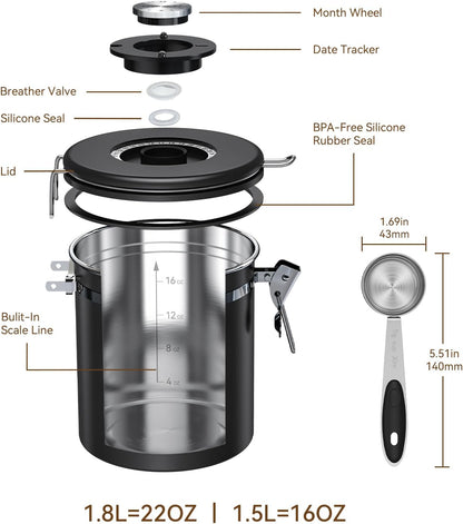 Coffee Canister With Window,16oz Stainless Steel Airtight Coffee Bean Storage Grounds Container with Date Tracker and Scoop,Grounds Kitchen Food Canister Jar for Beans,Tea,Sugar,Flour,Cereal