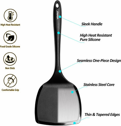 Large Size Silicone Spatula Set, 600°F Heat Resistant Silicone Spatula Turner Flipper for Cooking, Non Stick and Non Scratch Kitchen Utensils for Eggs & Pancakes, 2-Pack, Black
