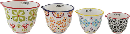 Creative Co-Op Floral Hand Stamped Stoneware Measuring Cups (Set of 4 Sizes/Designs)