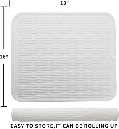 Silicone Dish Drying Mat for Multiple Usage,Easy clean,Eco-friendly,Heat-resistant Silicone Mat for Kitchen Counter or Sink,Refrigerator or Drawer Liner White XL 18 inches x 16 inches