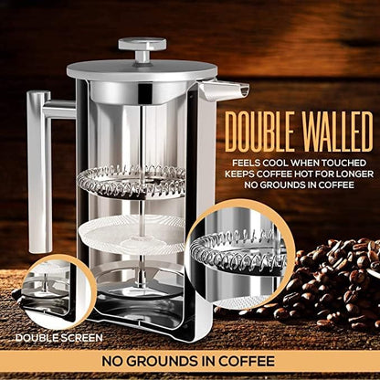 Utopia Kitchen Stainless Steel French Press Coffee Maker 50 Oz, French Press Tea Maker, Cold Brew Portable Travel Coffee Presses, Tea Press Gifts Silver