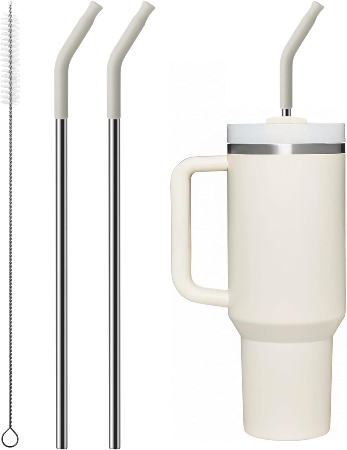 Metal Straw with Silicone Tip for 30oz Stanley Cup, 2 Pcs Stainless Steel Straws Replacement for Stanley 30 oz Adventure Quencher Travel Tumbler Cup, 1 Straw Brush (Cream Grey)