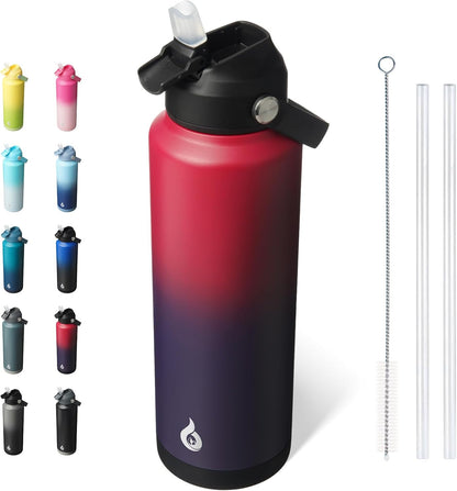 BJPKPK Insulated Water Bottle with Straw Lid, 40oz Large Thermos, BPA Free Leak Proof Stainless Steel Metal Water Bottles, Tumblers, Cups, Flasks for Travel, Sports,Charming Red