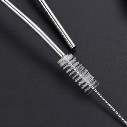 Reusable Stainless Steel Long Handle Straws Spoon, 6 Pieces 8.6", with 1 Cleaning Brush (circular)