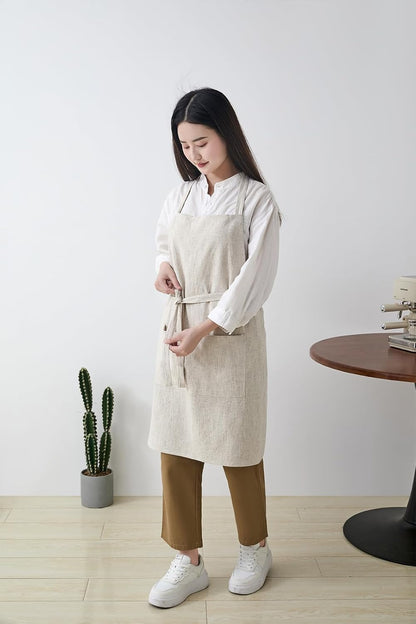 Cotton Linen Apron for Women - Adjustable Casual Apron with Pocktes, Great for Florist, Coffee House and Kitchen