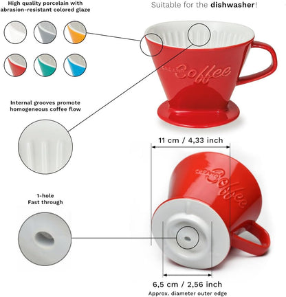 Creano XXL Porcelain Coffee Dripper White - Ceramic Cone Brewer - Pour Over Coffee Maker - Filter Size 4 - huge and heavy quality 800gr/28oz - 6 Colours availeble