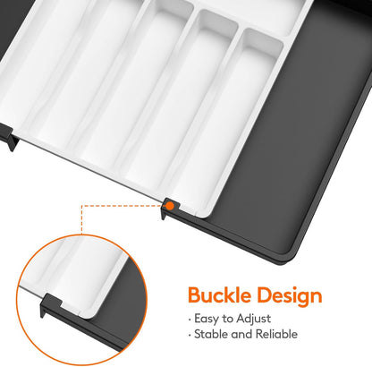 Lifewit Silverware Drawer Organizer, Expandable Utensil Tray for Kitchen, BPA Free Flatware and Cutlery Holder, Adjustable Plastic Storage for Spoons Forks Knives, Large, White&Black
