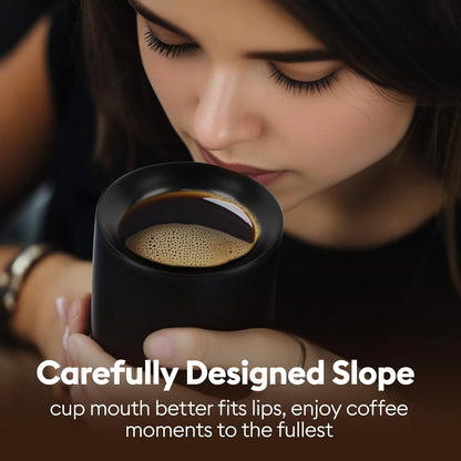 A set of 2 matte black ceramic espresso cups, thickened cup walls, slanted mouth design, each with a capacity of 3 ounces, hand washable only