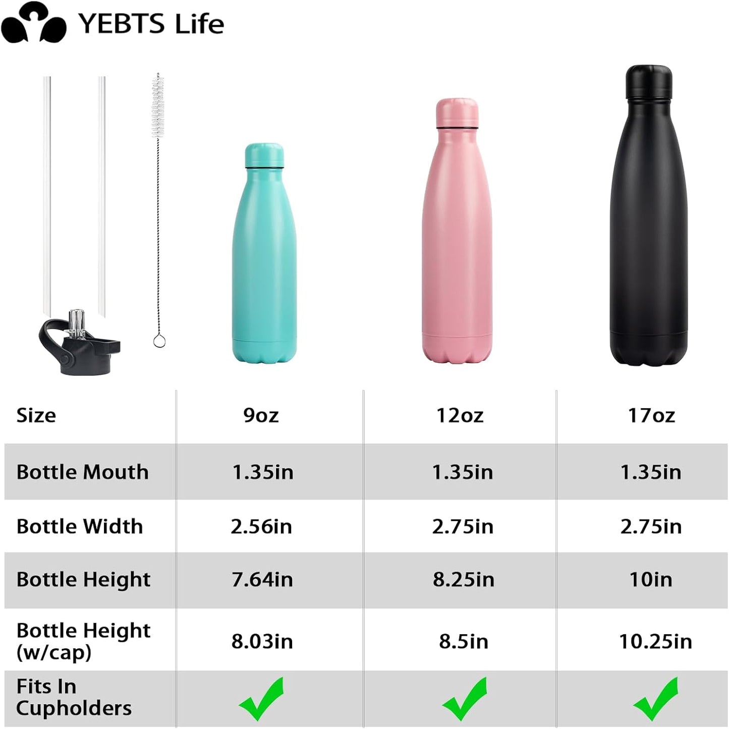 Insulated Water Bottle, 12oz Stainless Steel Water Bottles with straw lid, Metal Sports Water Bottles for Boys,Girls, Double Wall Vacuum BPA-Free Flask for School, Sports & Travel-Black