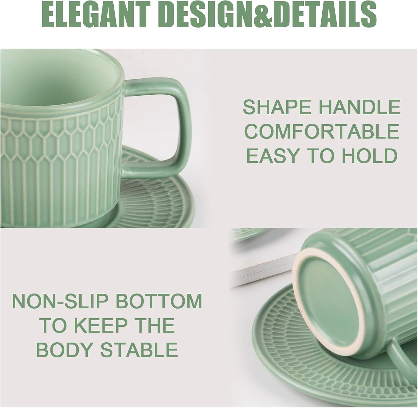 Large Cappuccino Cups with Saucers Set of 4, 8 Ounce Stackable Embossed Ceramic Coffee Mugs for Specialty Coffee Drinks, Latte, Cafe Mocha and Tea, Dishwasher & Microwave Safe (Mix)