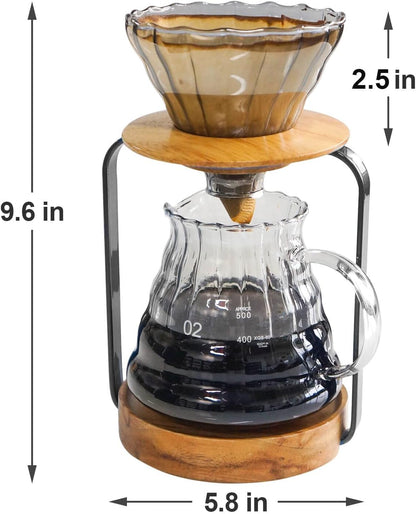 SOTECH Pour Over Coffee Station Dripper Stand Coffee Filter Wooden Filter Holder Glass Server with Paper Coffee Filters, Coffee Maker Stand Set for Coffee Tea and Saffron