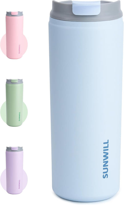 SUNWILL Travel Coffee Mug with Lid, Leak Proof Tumbler Stainless Steel, 16 oz Insulated Cup for Water, Tea, Ice, Powder Coated Iceberg