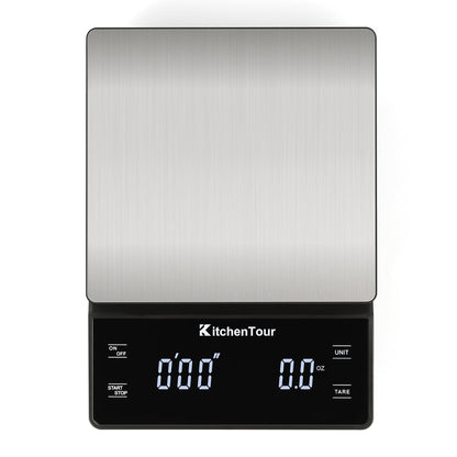 KitchenTour Coffee Scale with Timer 3kg/0.1g - High Precision Pour Over Drip Espresso Scale with Back-Lit LCD Display - Stain Steel Platform(Batteries Included)
