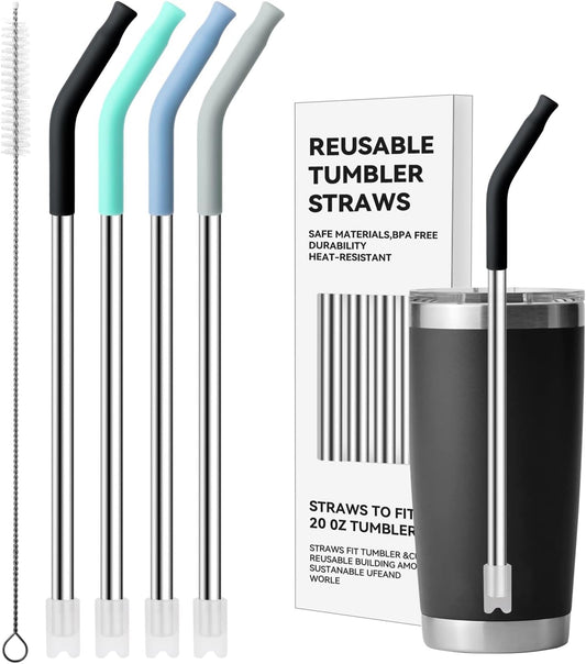 Stainless Steel Straws for 20 oz YETI Tumbler, 4 Pcs Metal Straws Reusable with Silicone Tip for 20 oz Stanley Cup and 16 oz Glass Cups(Color 1)