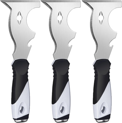 Mister Rui Paint Scraper, 3 Pack Multi Use Paint Tools Putty Knife 10 in 1, Paint Scraper Tools for Painting, Metal Scraper with Hammer End, Taping Knife, Spackle Tool