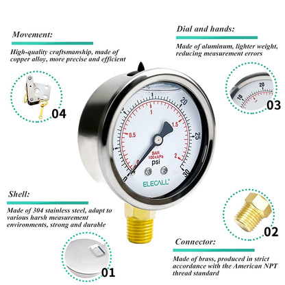 ELECALL 2-1/2” Glycerin Liquid Filled Air Pressure Gauge, 0-30Psi, 1/4”NPT Lower Mount, Stainless Steel Case, Brass Internals, Water Pressure Gauge
