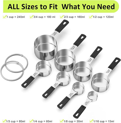 Measuring Cups & Spoons Set of 18 - Wildone Stainless Steel Nesting Measuring Cups 8 Piece and 9 Measuring Spoons, 1 Leveler, Ideal for Dry and Liquid Ingredients (Black)