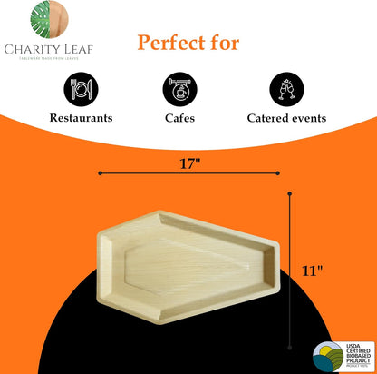 Charity Leaf Disposable Palm Leaf 17"x11" Coffin Trays (25 Pieces) Bamboo Like Serving Platters, Disposable Boards, Eco-Friendly Dinnerware for Christmas, Weddings, Catering, Events